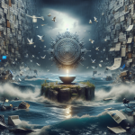 A surreal scene featuring a large, intricate circular emblem suspended above a glowing bowl on a small island. Surrounding the island are turbulent waves filled with floating newspapers, electronics, and white birds. High walls covered with newspapers enclose the scene, creating a dramatic, stormy atmosphere.