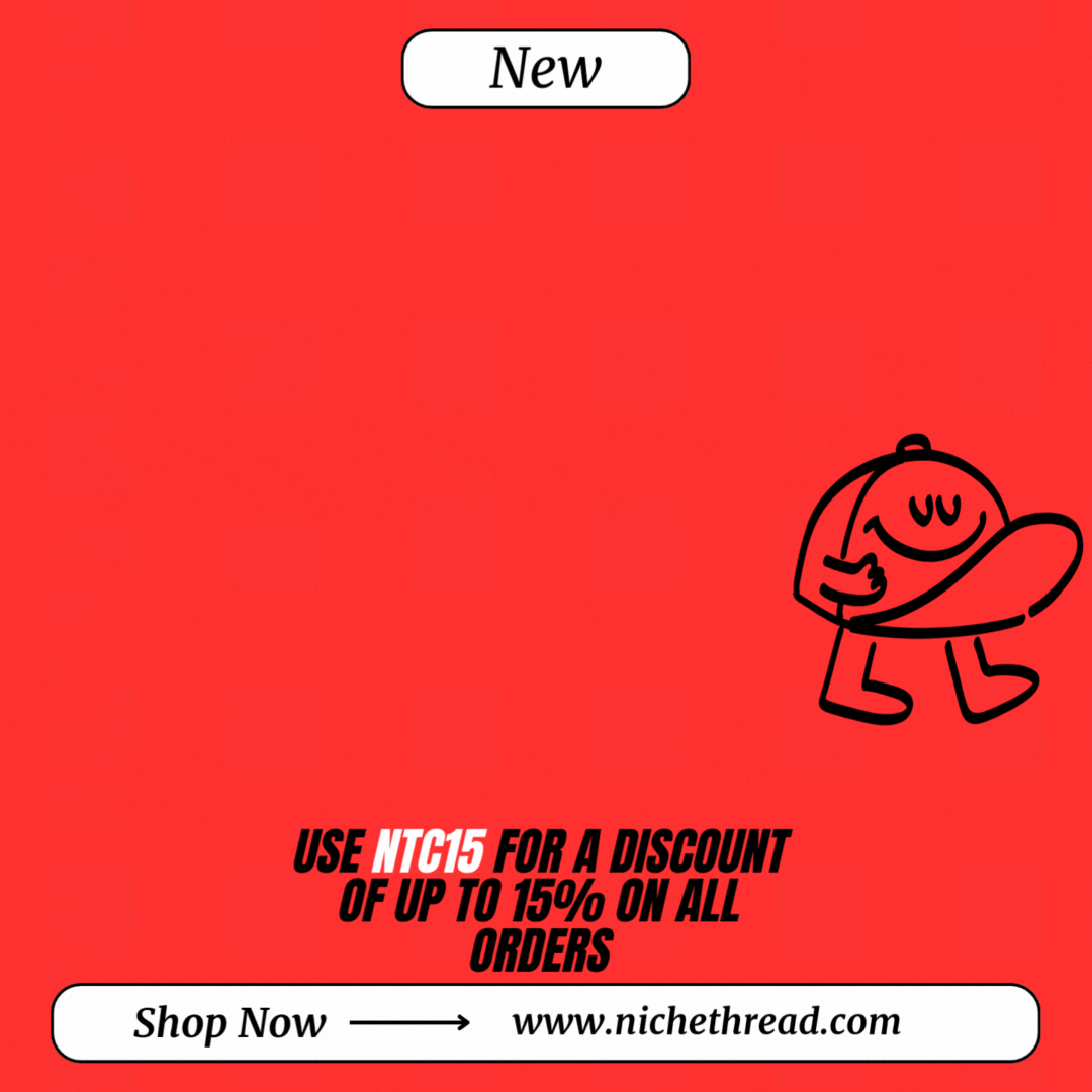 Red graphic with a cartoon character holding a hat. Text at the top reads "New." Below, "Use NTC15 for a discount of up to 15% on all orders." A button at the bottom says "Shop Now" with an arrow pointing to "www.nichethread.com."