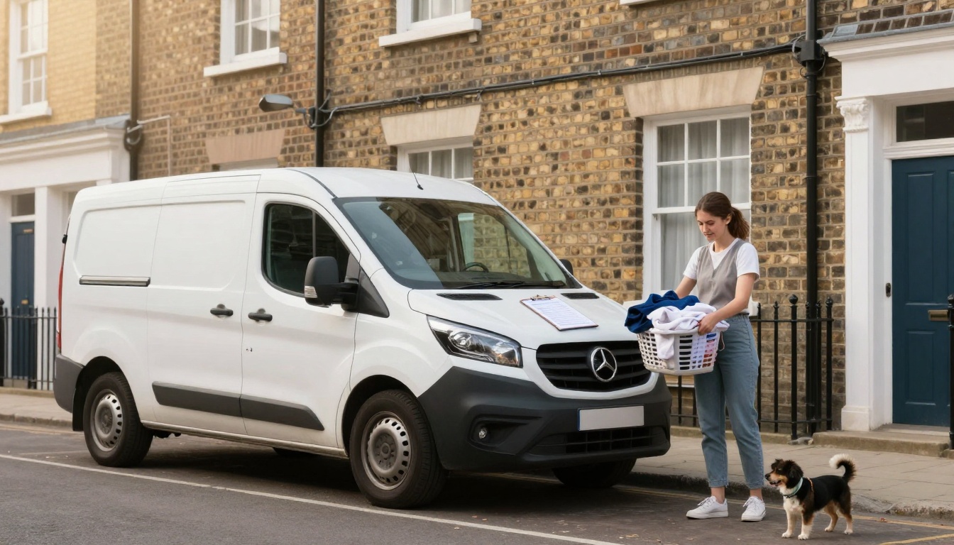A woman stands next to a white van holding a laundry basket filled with clothes. A small dog is beside her. The van is parked on a residential street with brick houses. A clipboard is on the van's hood.