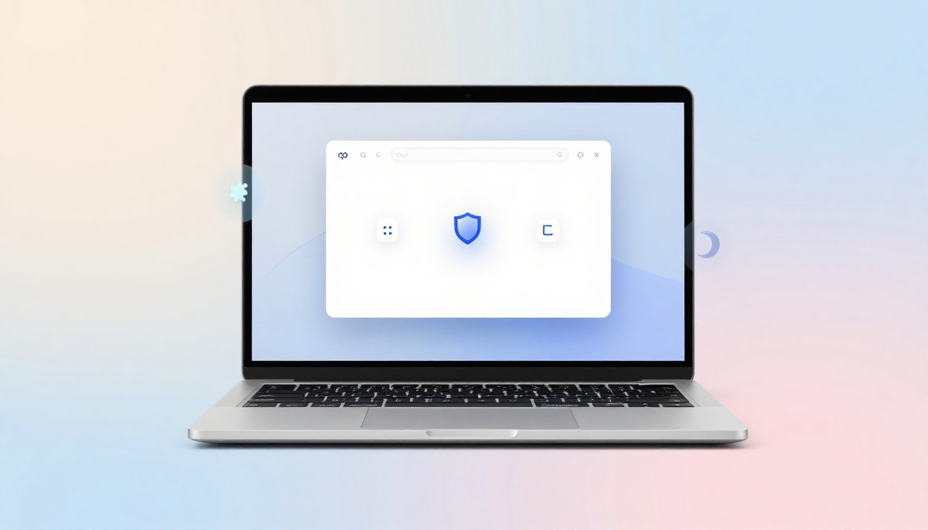 A laptop displaying a white browser window with a blue shield icon in the center. The background is a gradient of pastel pink and blue.