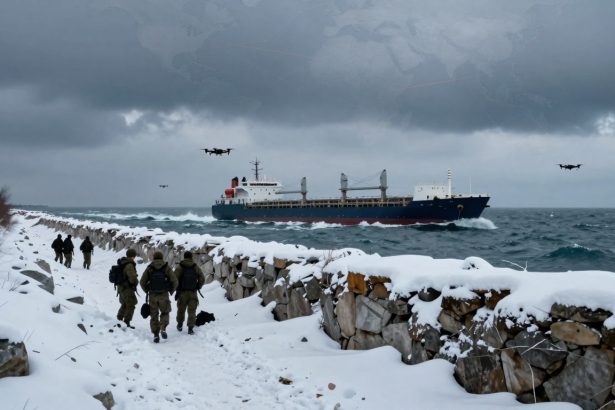 A snowy coastal scene with soldiers walking along a snow-covered path. A large cargo ship is sailing on the ocean, and several drones are flying overhead under a cloudy sky.