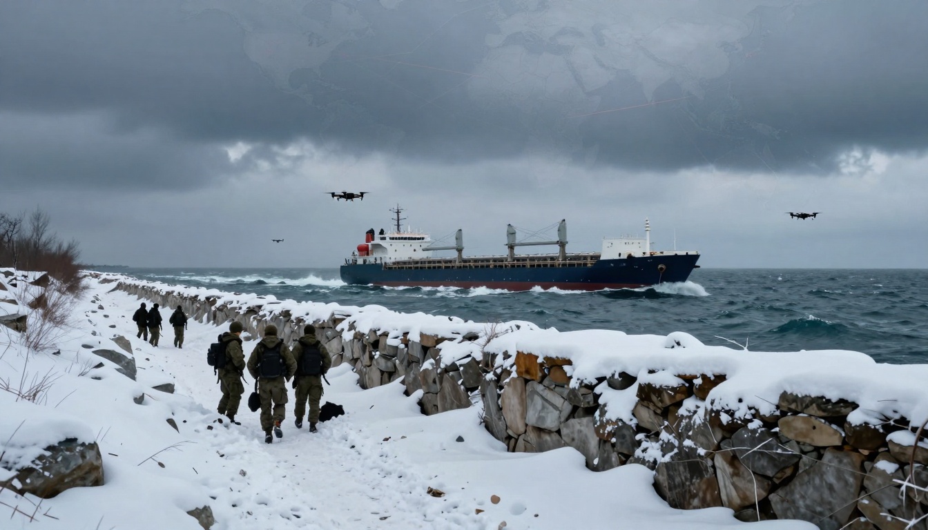 A snowy coastal scene with soldiers walking along a snow-covered path. A large cargo ship is sailing on the ocean, and several drones are flying overhead under a cloudy sky.
