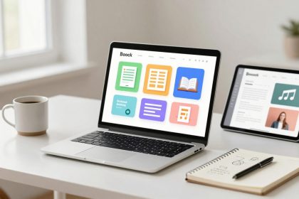 A laptop and a tablet displaying colorful app icons and text are on a white desk. A cup of coffee, a notebook with sketches, and a pen are nearby. A plant is blurred in the background.