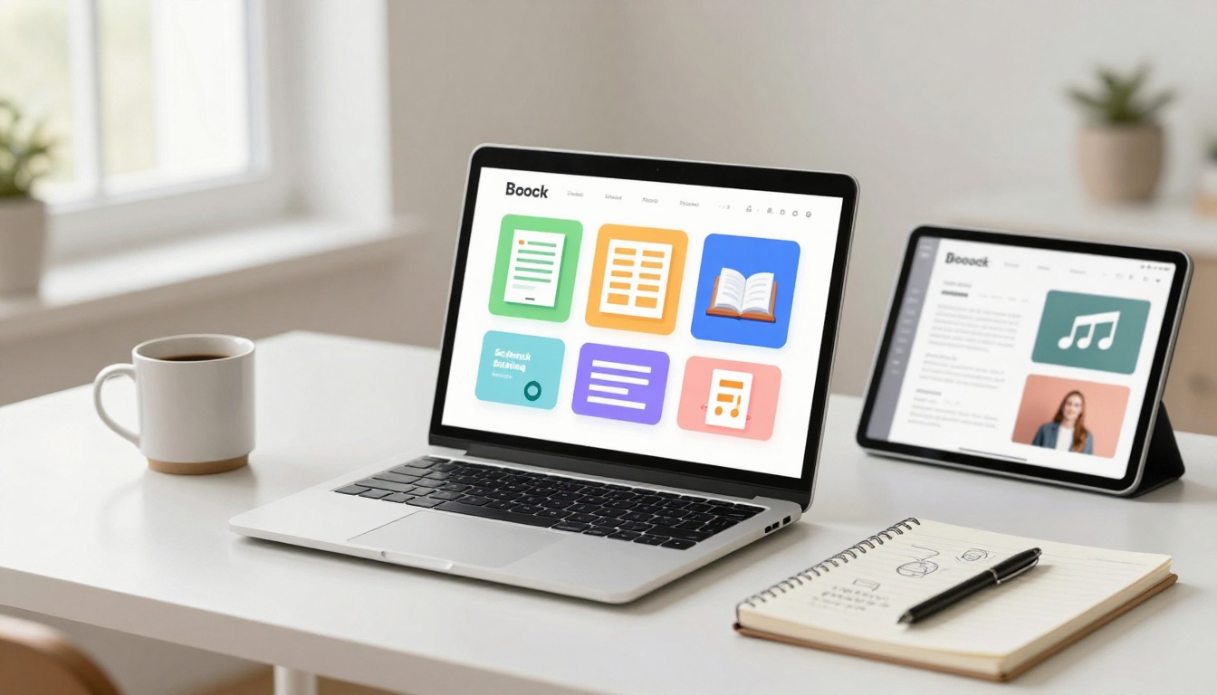 A laptop and a tablet displaying colorful app icons and text are on a white desk. A cup of coffee, a notebook with sketches, and a pen are nearby. A plant is blurred in the background.