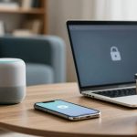 A smart speaker, smartphone, and coffee cup on a wooden table. A laptop with a lock icon on the screen is in the background.