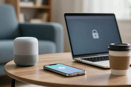A smart speaker, smartphone, and coffee cup on a wooden table. A laptop with a lock icon on the screen is in the background.