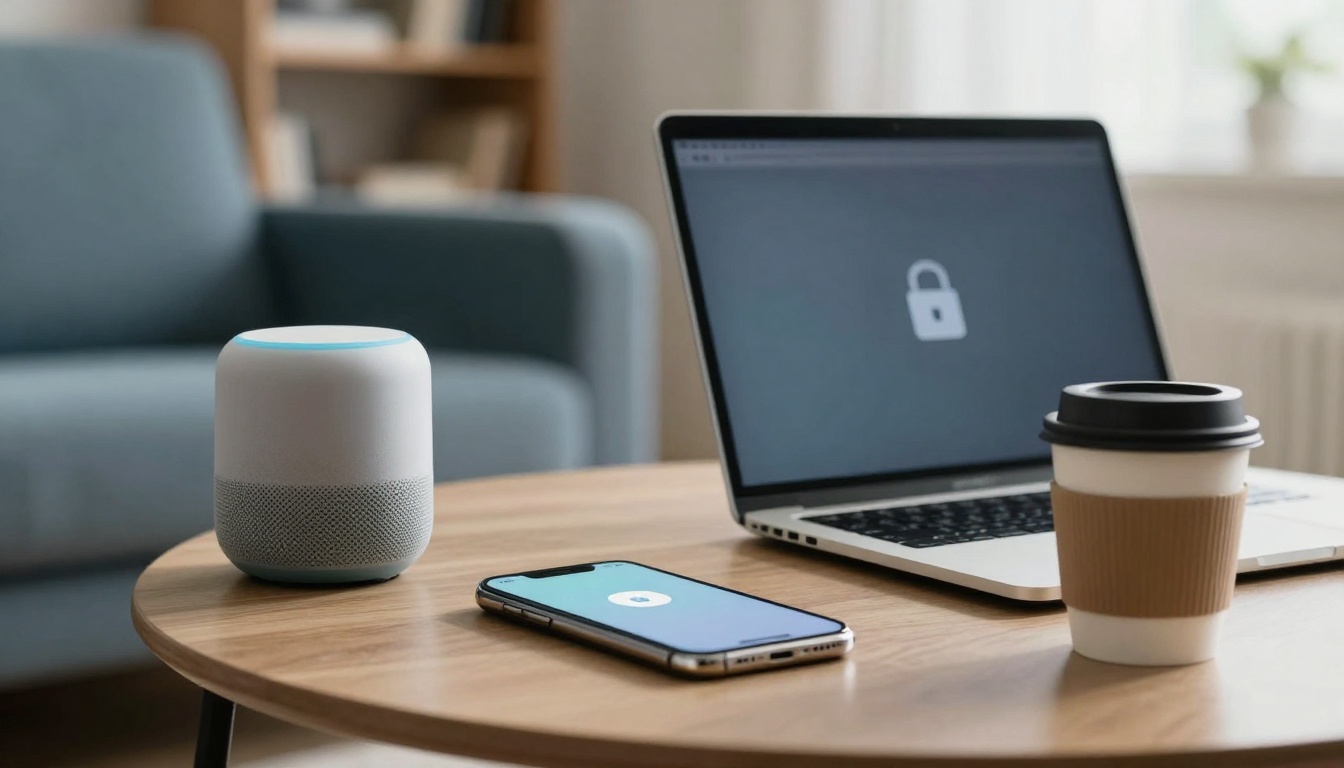 A smart speaker, smartphone, and coffee cup on a wooden table. A laptop with a lock icon on the screen is in the background.