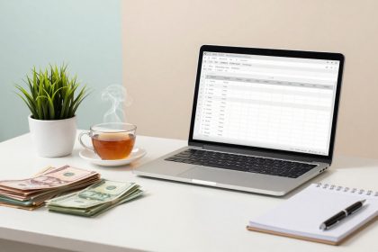 A laptop displaying a spreadsheet sits on a white desk next to a steaming cup of tea, a potted plant, a stack of cash, and a notepad with a pen.
