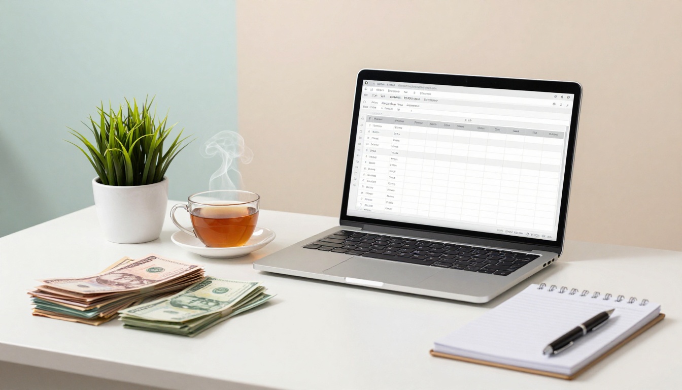 A laptop displaying a spreadsheet sits on a white desk next to a steaming cup of tea, a potted plant, a stack of cash, and a notepad with a pen.