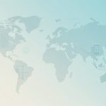 A world map with icons overlayed: a document in North America, a shopping cart in South America, a lock on a phone in Asia, and a grid in Australia. The background transitions from light beige to light blue.