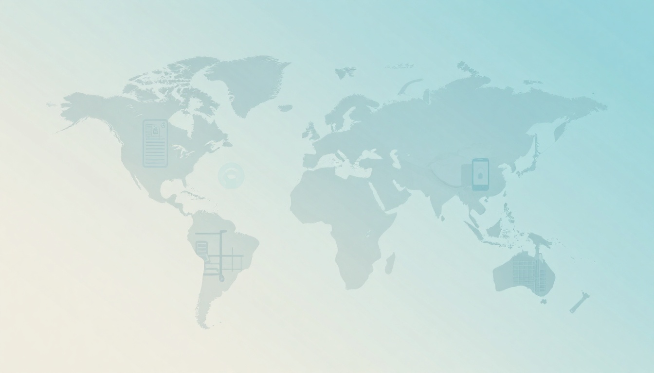 A world map with icons overlayed: a document in North America, a shopping cart in South America, a lock on a phone in Asia, and a grid in Australia. The background transitions from light beige to light blue.