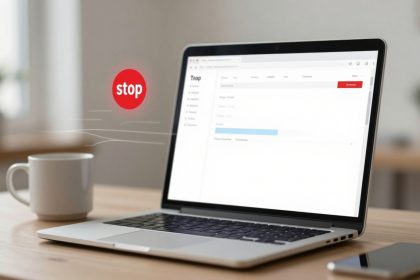 A laptop on a table displays a web browser with a "stop" icon hovering above it. A white coffee mug is beside the laptop.