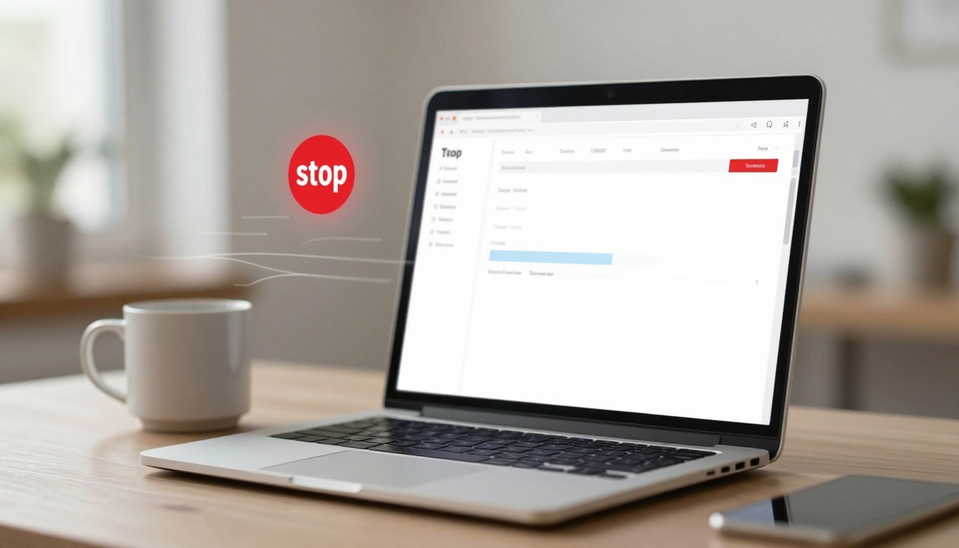 A laptop on a table displays a web browser with a "stop" icon hovering above it. A white coffee mug is beside the laptop.