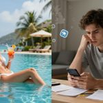 On the left, a woman in a white bikini lounges by a pool, holding a cocktail, with palm trees and a beach in the background. On the right, a man in a gray shirt looks at a smartphone, appearing concerned, with papers on a table.