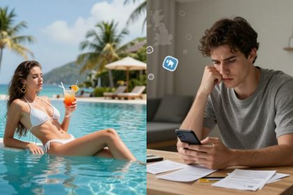 On the left, a woman in a white bikini lounges by a pool, holding a cocktail, with palm trees and a beach in the background. On the right, a man in a gray shirt looks at a smartphone, appearing concerned, with papers on a table.