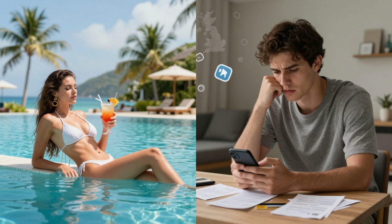 On the left, a woman in a white bikini lounges by a pool, holding a cocktail, with palm trees and a beach in the background. On the right, a man in a gray shirt looks at a smartphone, appearing concerned, with papers on a table.
