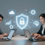 Four people work on laptops in an office setting, focused on cybersecurity. A glowing shield with a padlock and icons like a cloud, graph, gear, and brain hover above them, symbolizing data protection and technology.