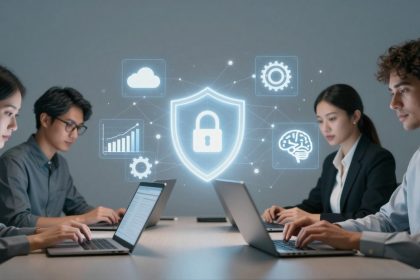 Four people work on laptops in an office setting, focused on cybersecurity. A glowing shield with a padlock and icons like a cloud, graph, gear, and brain hover above them, symbolizing data protection and technology.