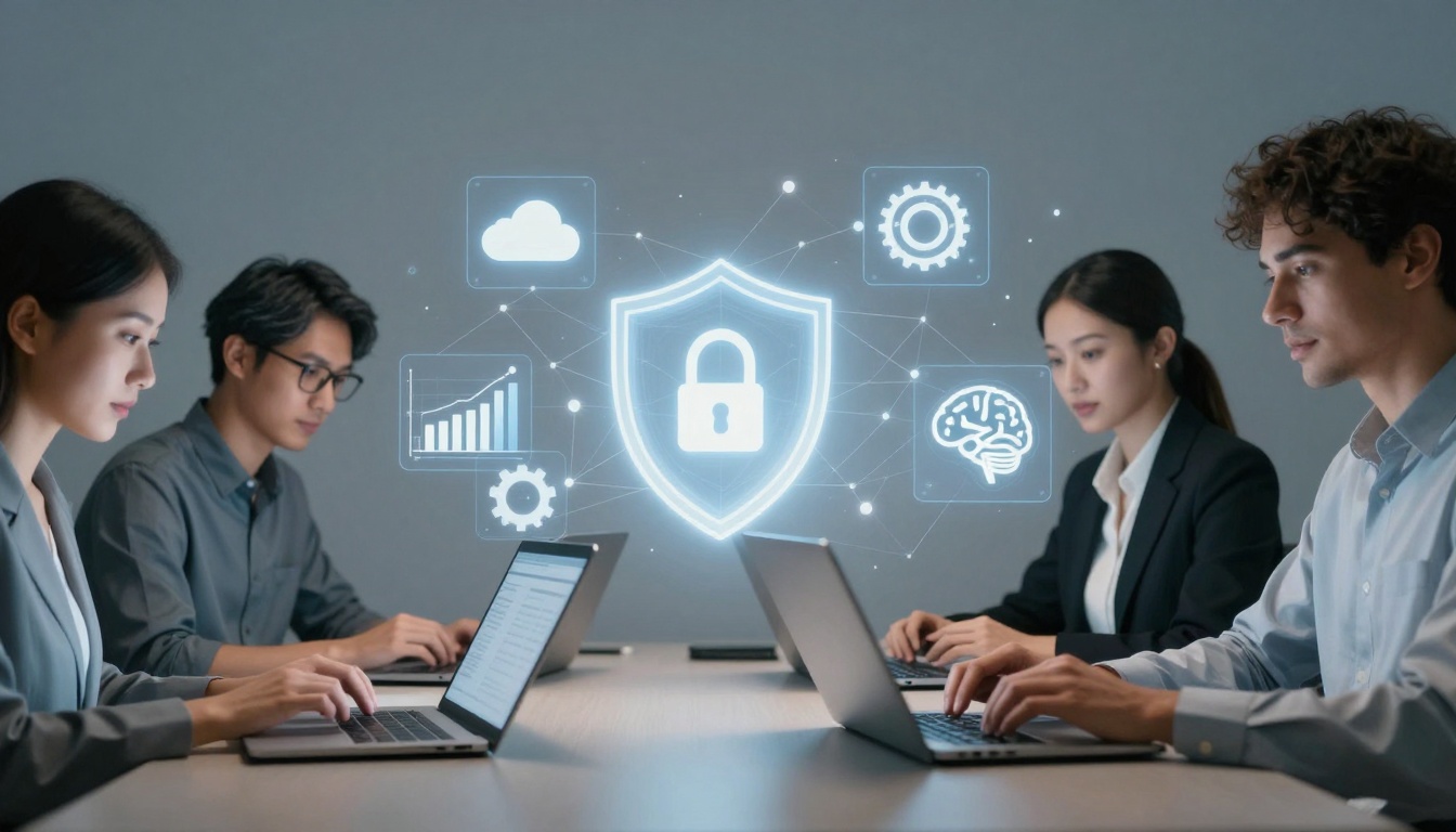 Four people work on laptops in an office setting, focused on cybersecurity. A glowing shield with a padlock and icons like a cloud, graph, gear, and brain hover above them, symbolizing data protection and technology.