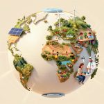 A globe illustration with diverse scenes of sustainable living. It features solar panels, wind turbines, gardens, people gardening, and a doctor consulting with a patient.