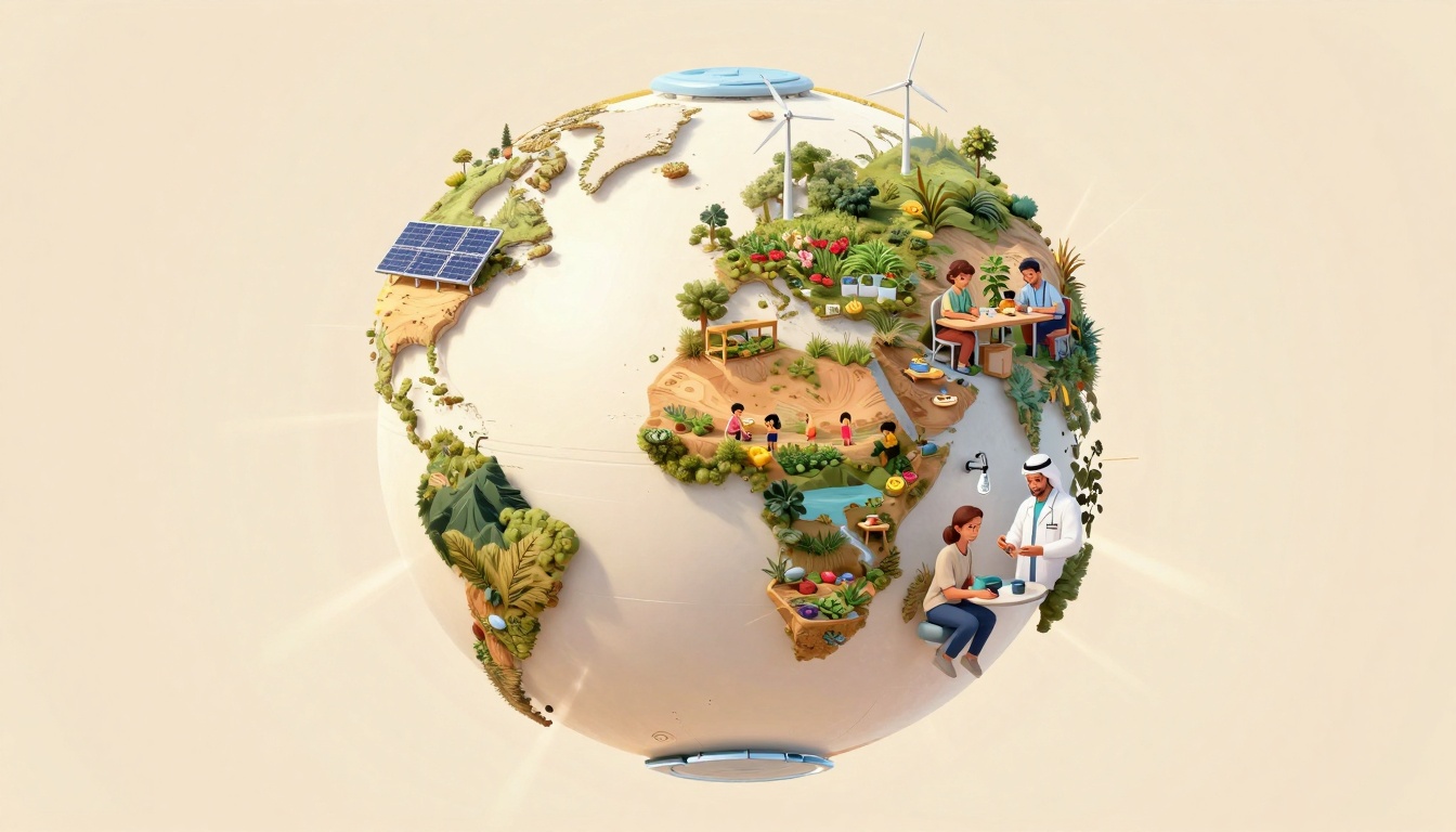 A globe illustration with diverse scenes of sustainable living. It features solar panels, wind turbines, gardens, people gardening, and a doctor consulting with a patient.