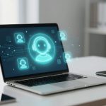 A laptop on a desk displays a digital illustration of a glowing blue user icon connected to smaller icons. Nearby are a smartphone, a coffee cup, and a calendar.