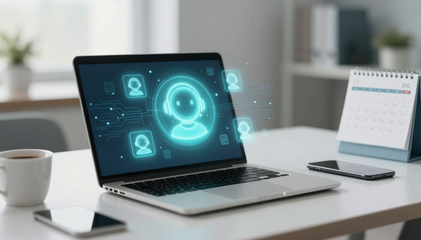 A laptop on a desk displays a digital illustration of a glowing blue user icon connected to smaller icons. Nearby are a smartphone, a coffee cup, and a calendar.