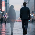 A man in a suit walks down a wet city street at dusk, holding a smartphone. A translucent silhouette of a woman is beside him. Streetlights and blurred shop signs are visible in the background.