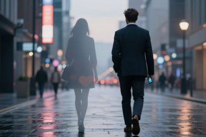 A man in a suit walks down a wet city street at dusk, holding a smartphone. A translucent silhouette of a woman is beside him. Streetlights and blurred shop signs are visible in the background.