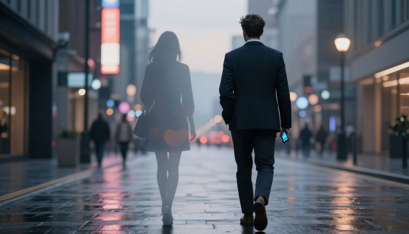 A man in a suit walks down a wet city street at dusk, holding a smartphone. A translucent silhouette of a woman is beside him. Streetlights and blurred shop signs are visible in the background.