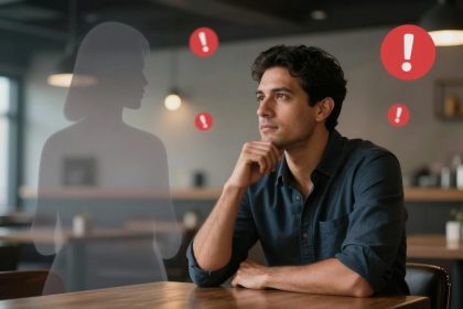 A man in a blue shirt sits thoughtfully at a table in a cafe. A translucent silhouette of a person and red exclamation marks surround him.