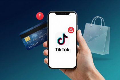 A hand holds a smartphone displaying the TikTok logo with a red warning icon. Nearby, a credit card with an exclamation mark and a transparent shopping bag are visible.