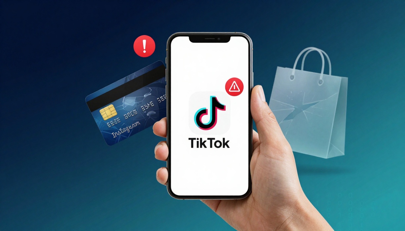 A hand holds a smartphone displaying the TikTok logo with a red warning icon. Nearby, a credit card with an exclamation mark and a transparent shopping bag are visible.