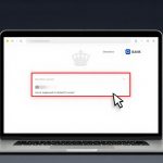 Laptop screen displaying a phishing email with a highlighted sender email field in red. A large cursor points to the field. Background icons include a hook, mask, and broken shield, symbolizing security threats.