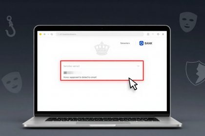 Laptop screen displaying a phishing email with a highlighted sender email field in red. A large cursor points to the field. Background icons include a hook, mask, and broken shield, symbolizing security threats.