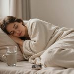 A person sleeps on a bed with beige sheets, resting their head on a pillow. A glass of water and a smartphone are on the bedside table.