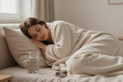 A person sleeps on a bed with beige sheets, resting their head on a pillow. A glass of water and a smartphone are on the bedside table.