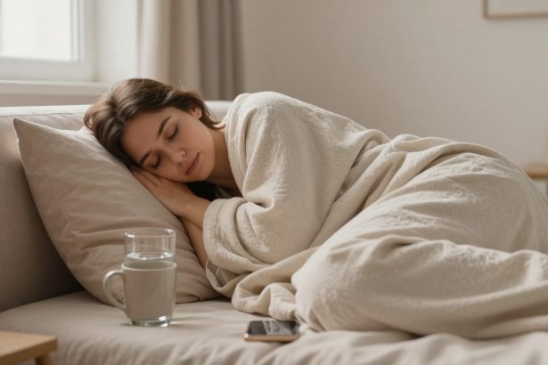 A person sleeps on a bed with beige sheets, resting their head on a pillow. A glass of water and a smartphone are on the bedside table.