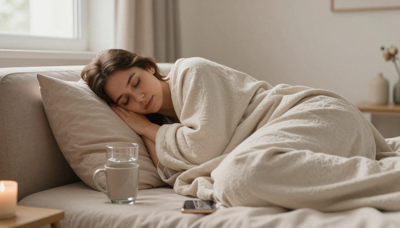 A person sleeps on a bed with beige sheets, resting their head on a pillow. A glass of water and a smartphone are on the bedside table.