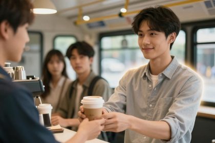 A person in a light blue shirt hands a coffee cup to another person at a cafe counter. Two people stand in the background, looking on. The setting is bright and modern, with large windows.