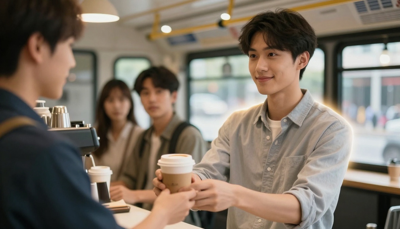 A person in a light blue shirt hands a coffee cup to another person at a cafe counter. Two people stand in the background, looking on. The setting is bright and modern, with large windows.