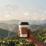 A hand holds a paper coffee cup with a brown sleeve in a coffee plantation. The background shows a digital overlay of a world map.