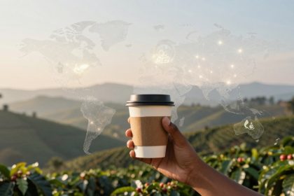 A hand holds a paper coffee cup with a brown sleeve in a coffee plantation. The background shows a digital overlay of a world map.
