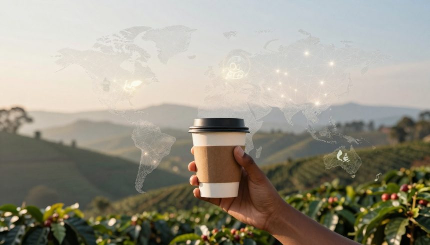 A hand holds a paper coffee cup with a brown sleeve in a coffee plantation. The background shows a digital overlay of a world map.