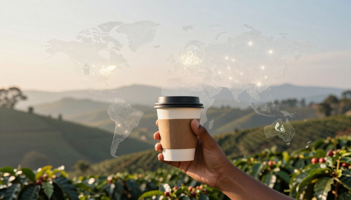 A hand holds a paper coffee cup with a brown sleeve in a coffee plantation. The background shows a digital overlay of a world map.