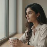 A woman with long dark hair sits by a large window, holding a white mug, gazing outside. She wears a beige shirt. In the background, a man on a phone call is partially visible, seated at a laptop.