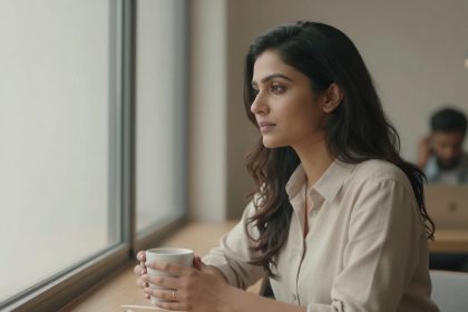 A woman with long dark hair sits by a large window, holding a white mug, gazing outside. She wears a beige shirt. In the background, a man on a phone call is partially visible, seated at a laptop.