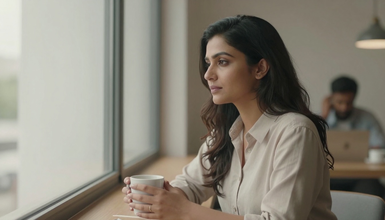 A woman with long dark hair sits by a large window, holding a white mug, gazing outside. She wears a beige shirt. In the background, a man on a phone call is partially visible, seated at a laptop.