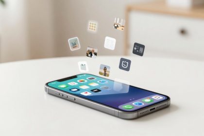 A smartphone on a table displays app icons on its screen. Additional app icons are floating above, suggesting a digital or augmented reality effect. The setting is minimalistic with neutral tones.