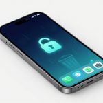 Smartphone on a light surface displaying a lock icon on the screen. The screen also shows app icons, including phone and camera.